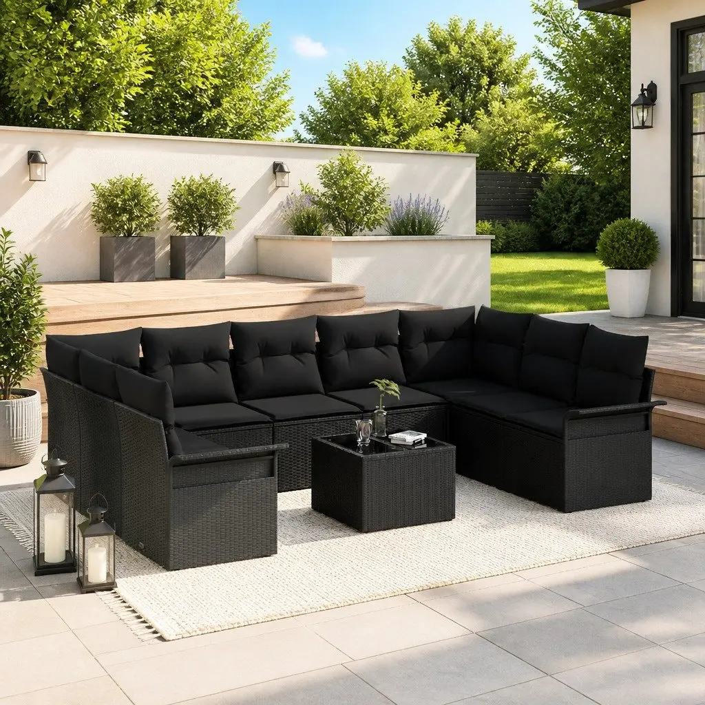 10-Piece Black Poly Rattan Sofa Set