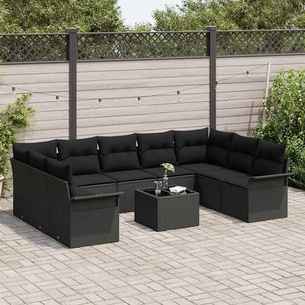 10-Piece Black Poly Rattan Sofa Set