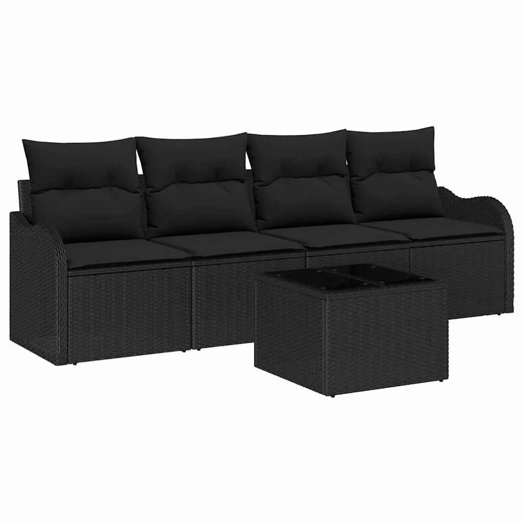 Modular Garden Sofa Set for Outdoor Use Black Poly Rattan with Cushions and Tempered Glass Table