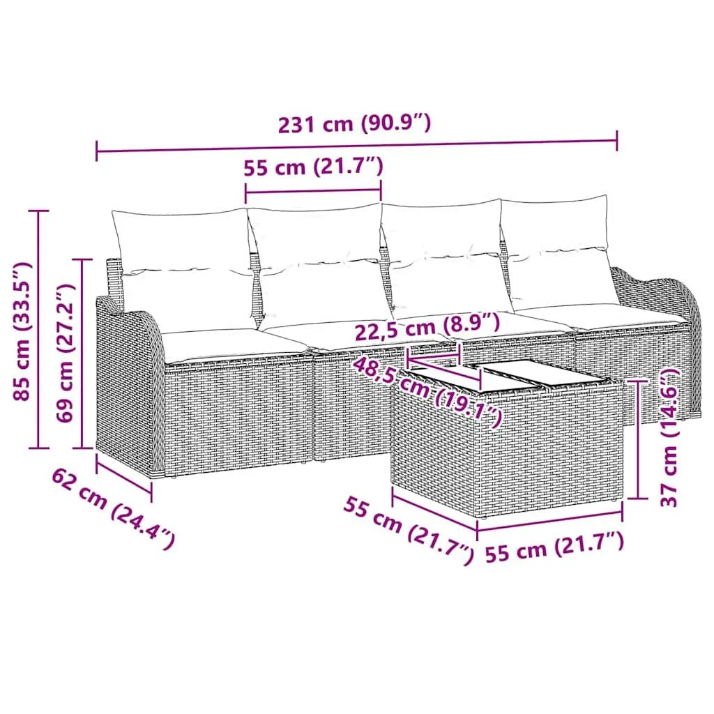 Modular Garden Sofa Set for Outdoor Use Black Poly Rattan with Cushions and Tempered Glass Table