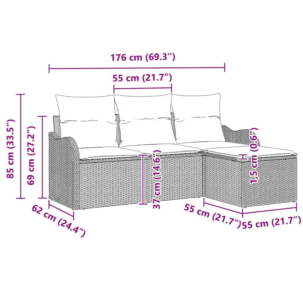 Modular Outdoor Sofa Set 4 Piece Grey Poly Rattan Cushions for Garden and Balcony