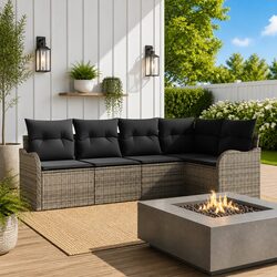 Garden Sofa Set 5 Pcs Grey Poly Rattan Outdoor Furniture Modular Cushioned Seats