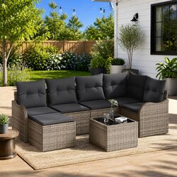 Garden Sofa Set 7 Piece Outdoor Furniture Grey Poly Rattan Patio Lounge with