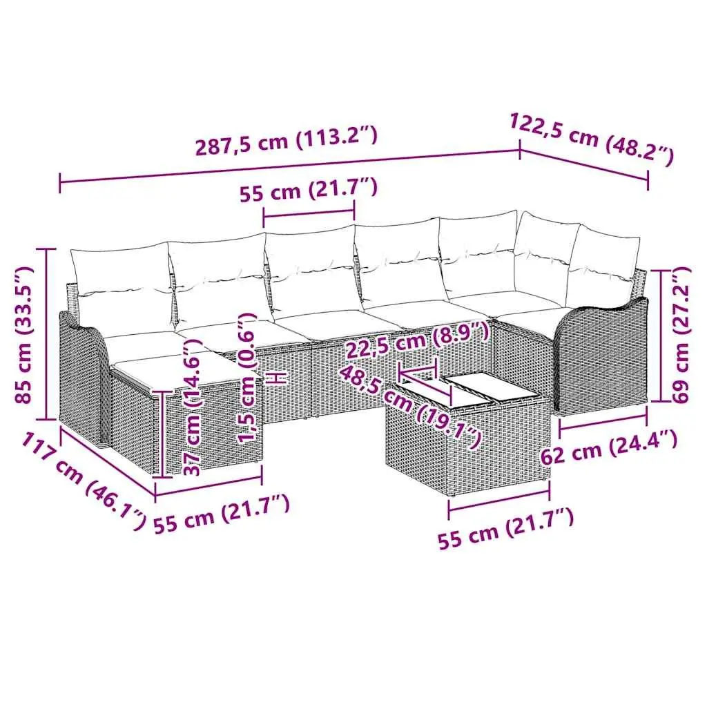 Garden Sofa Set 8 Pieces Grey Outdoor Furniture Poly Rattan Sectional Patio