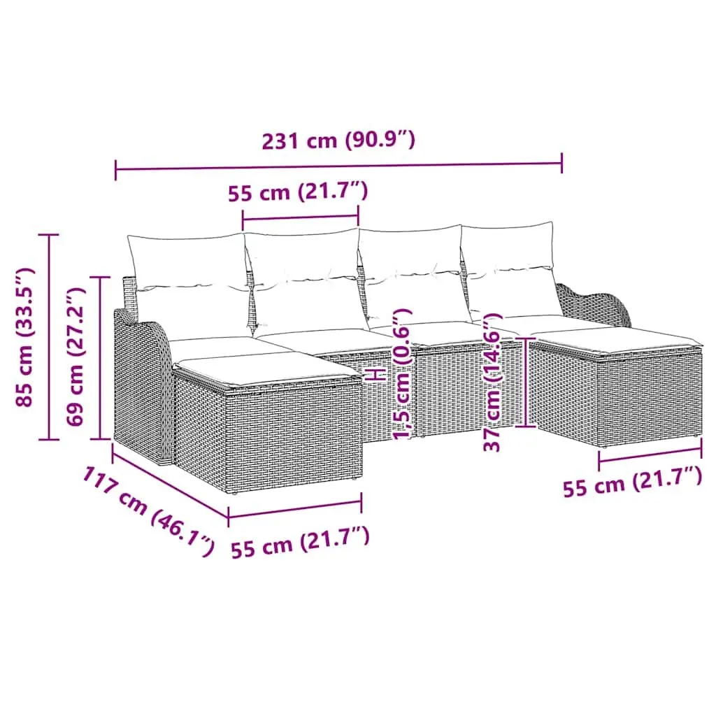 Modular Outdoor Sofa Set 6 Pieces Black Poly Rattan for Garden Patio and Terrace