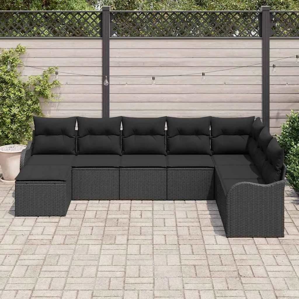 8 Piece Black Poly Rattan Outdoor Sofa Set for Garden Patio and Terrace Lounge