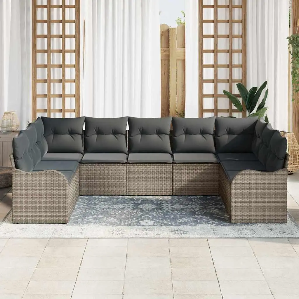9 Piece Grey Garden Sofa Set with Steel Frame and Cushions