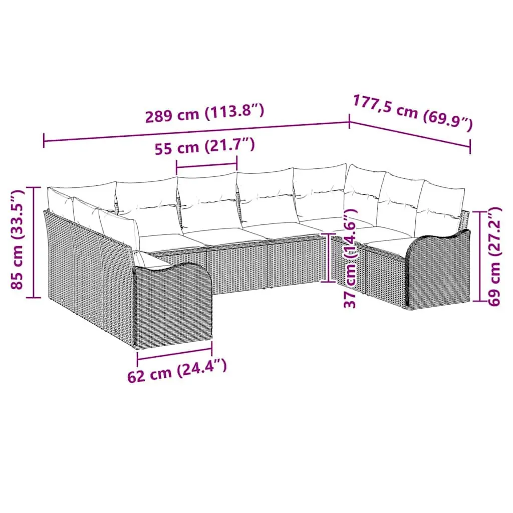 9 Piece Grey Garden Sofa Set with Steel Frame and Cushions