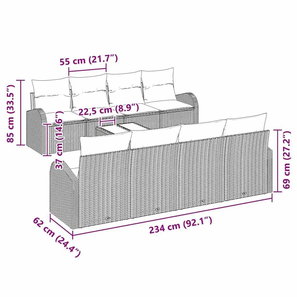 Outdoor Garden Sofa Set Modular Patio Furniture Black 55 x 55 x 37 cm