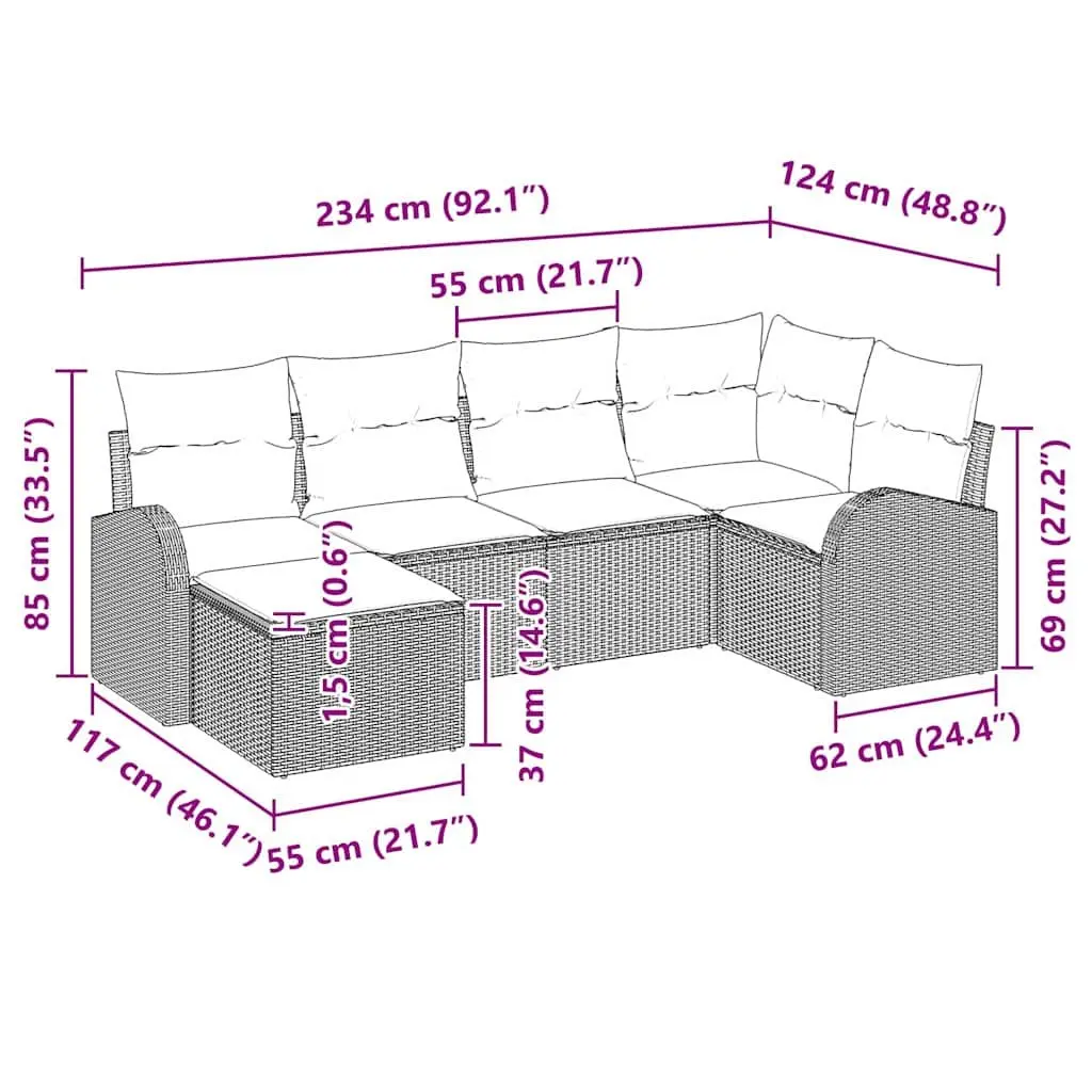 Garden Sofa Set Modular Outdoor Furniture 6 Piece Black Poly Rattan Patio