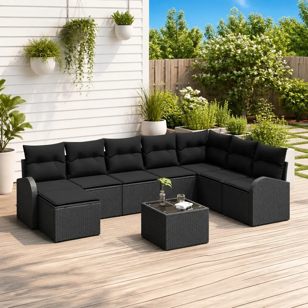 Modular Outdoor Seating Sofa Set 9 Piece Black Woven Poly Rattan with Cushions for Garden Patio Deck