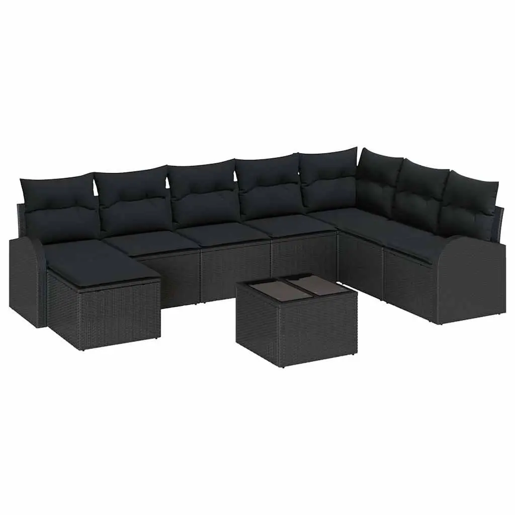 Modular Outdoor Seating Sofa Set 9 Piece Black Woven Poly Rattan with Cushions for Garden Patio Deck
