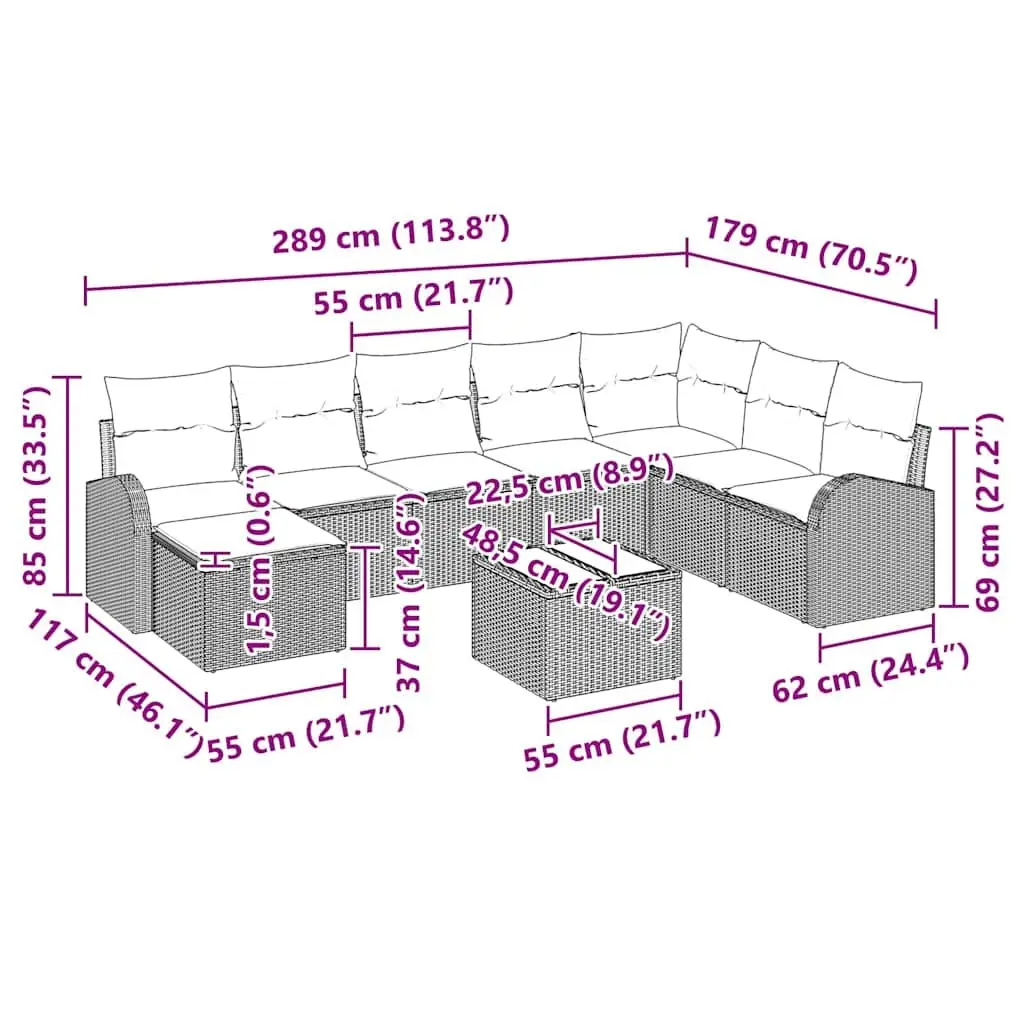 Modular Outdoor Seating Sofa Set 9 Piece Black Woven Poly Rattan with Cushions for Garden Patio Deck