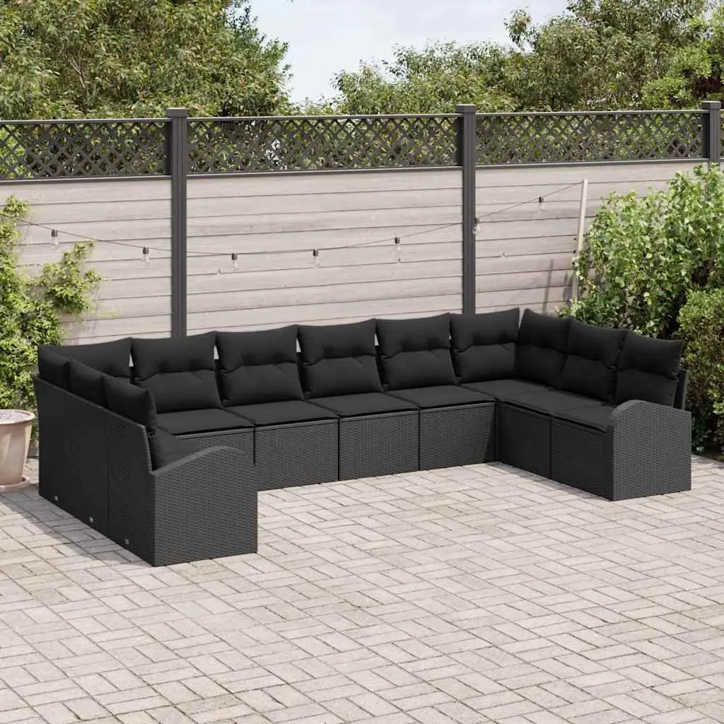 10 Piece Outdoor Sofa Set for Garden Black Poly Rattan Modern Patio Furniture