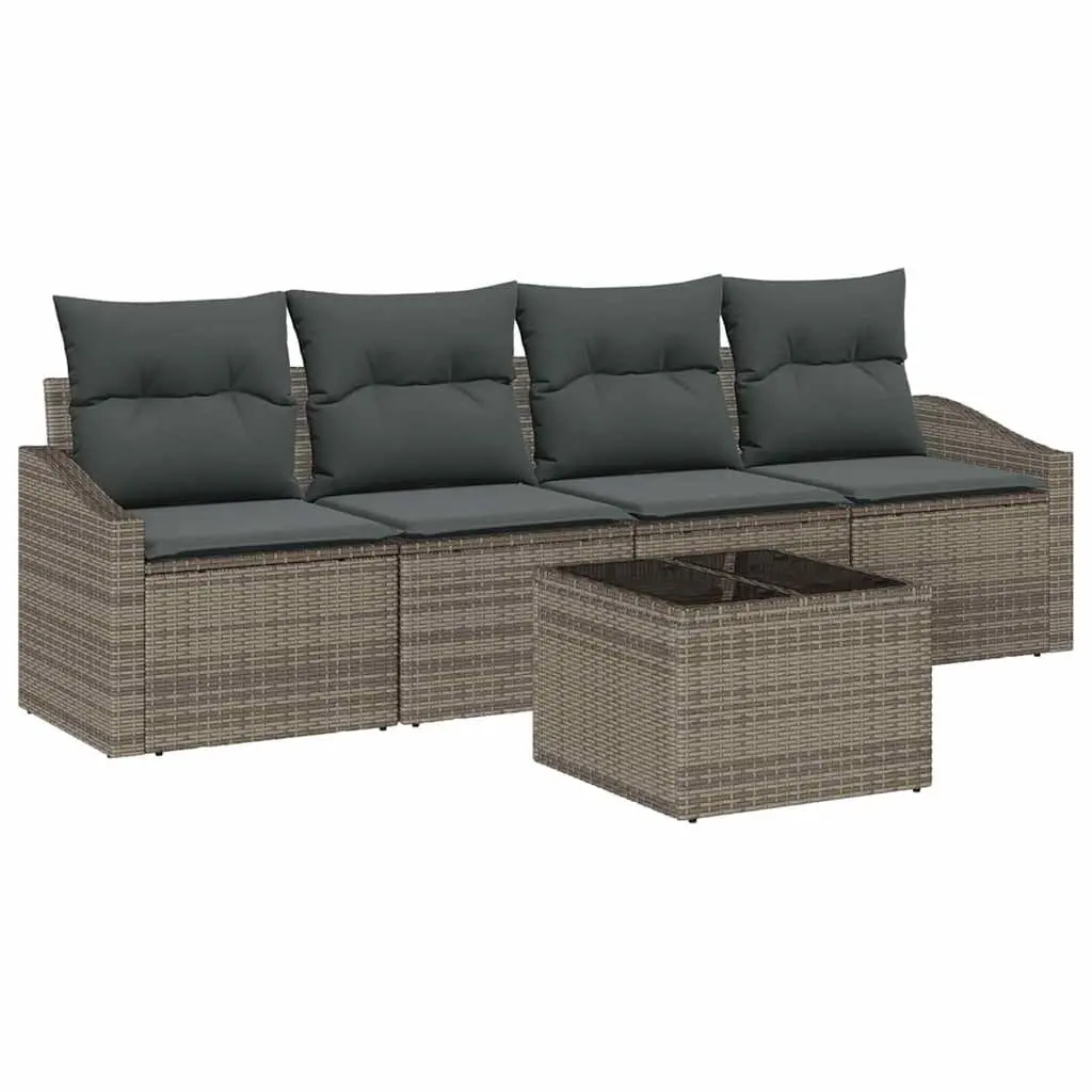 Outdoor Sofa Set for Garden Patio 5 Piece Grey Poly Rattan Furniture with Cushions