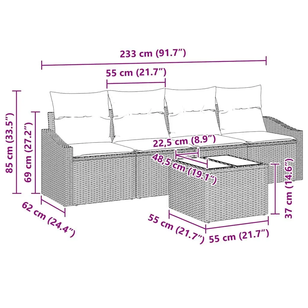 Outdoor Sofa Set for Garden Patio 5 Piece Grey Poly Rattan Furniture with Cushions
