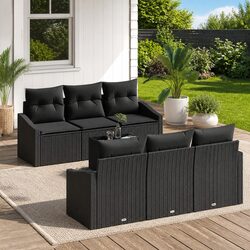Outdoor Sofa Set 7 Piece Black Poly Rattan Garden Furniture with Cushions Table