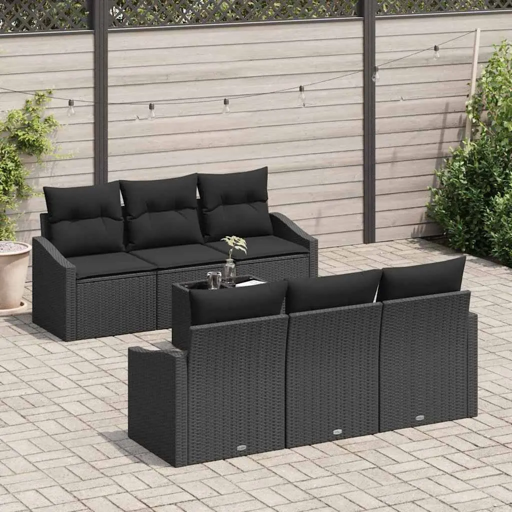 Outdoor Sofa Set 7 Piece Black Poly Rattan Garden Furniture with Cushions and Table