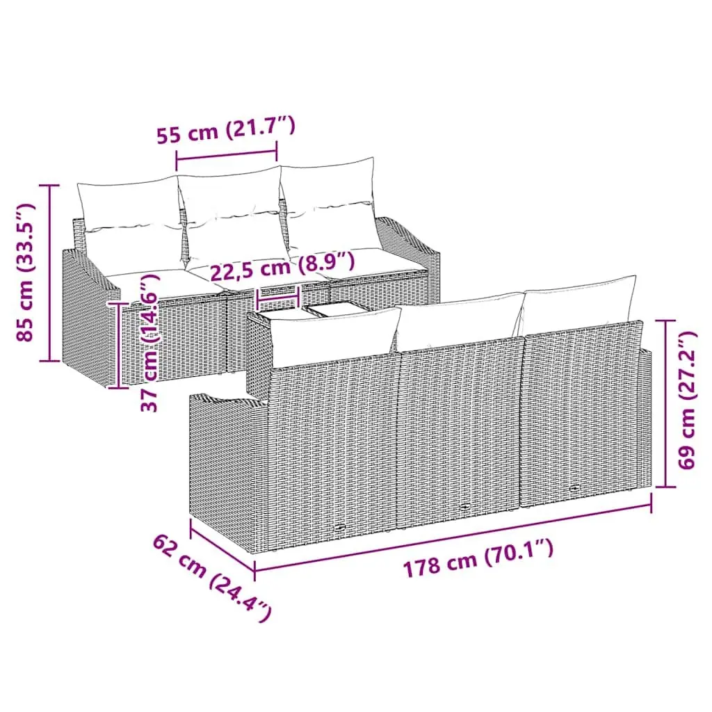 Outdoor Sofa Set 7 Piece Black Poly Rattan Garden Furniture with Cushions and Table