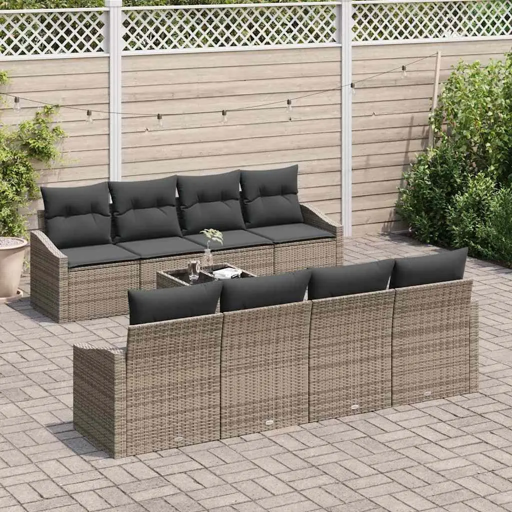Garden Furniture Set Grey Poly Rattan Modular Outdoor Sofa with Cushions and Height Adjustable Table 9 Pieces