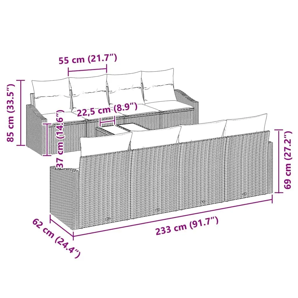 Garden Furniture Set Grey Poly Rattan Modular Outdoor Sofa with Cushions and Height Adjustable Table 9 Pieces