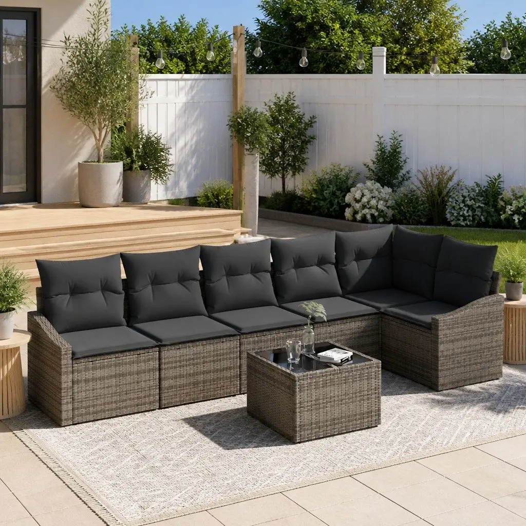 7-Piece Outdoor Garden Sofa Set Grey Poly Rattan Sectional Furniture Patio