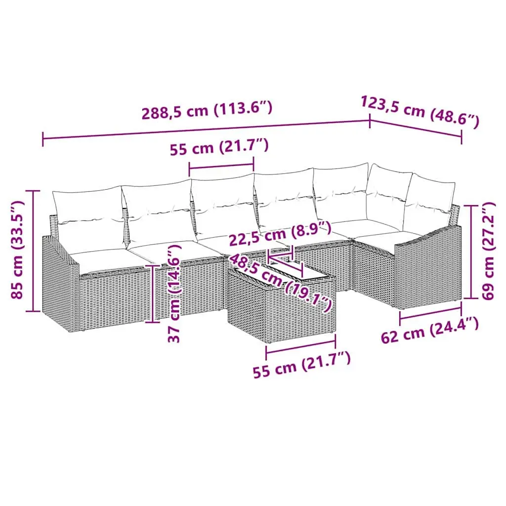 7-Piece Outdoor Garden Sofa Set Grey Poly Rattan Sectional Furniture Patio