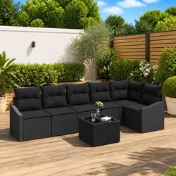 Outdoor Sofa Set 7 Pieces Black Poly Rattan Garden Furniture with Cushions