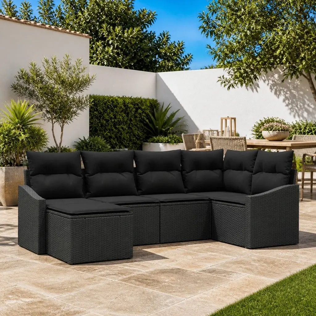 6-Piece Black Poly Rattan Outdoor Sofa Set