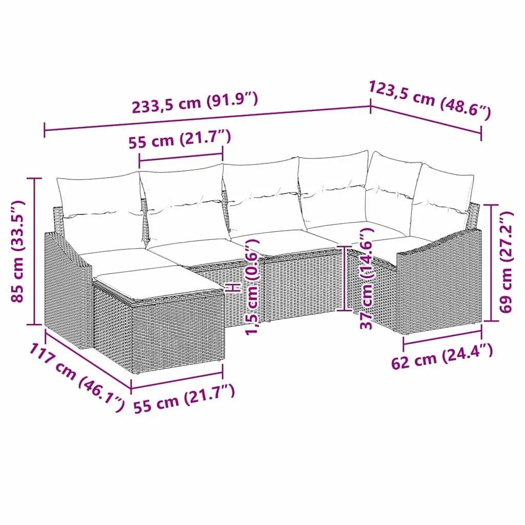 6-Piece Black Poly Rattan Outdoor Sofa Set