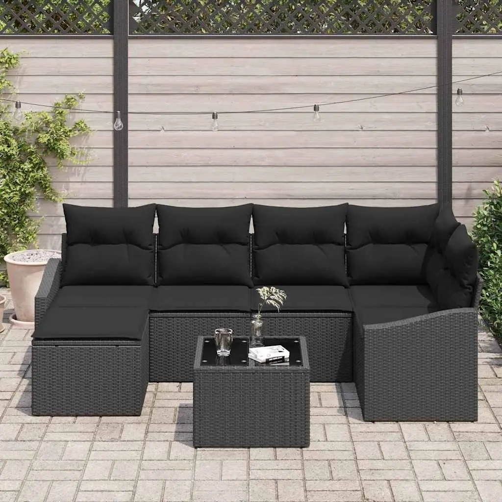Outdoor Sofa Set for Garden Patio 7 Pieces Black Poly Rattan Modular Furniture