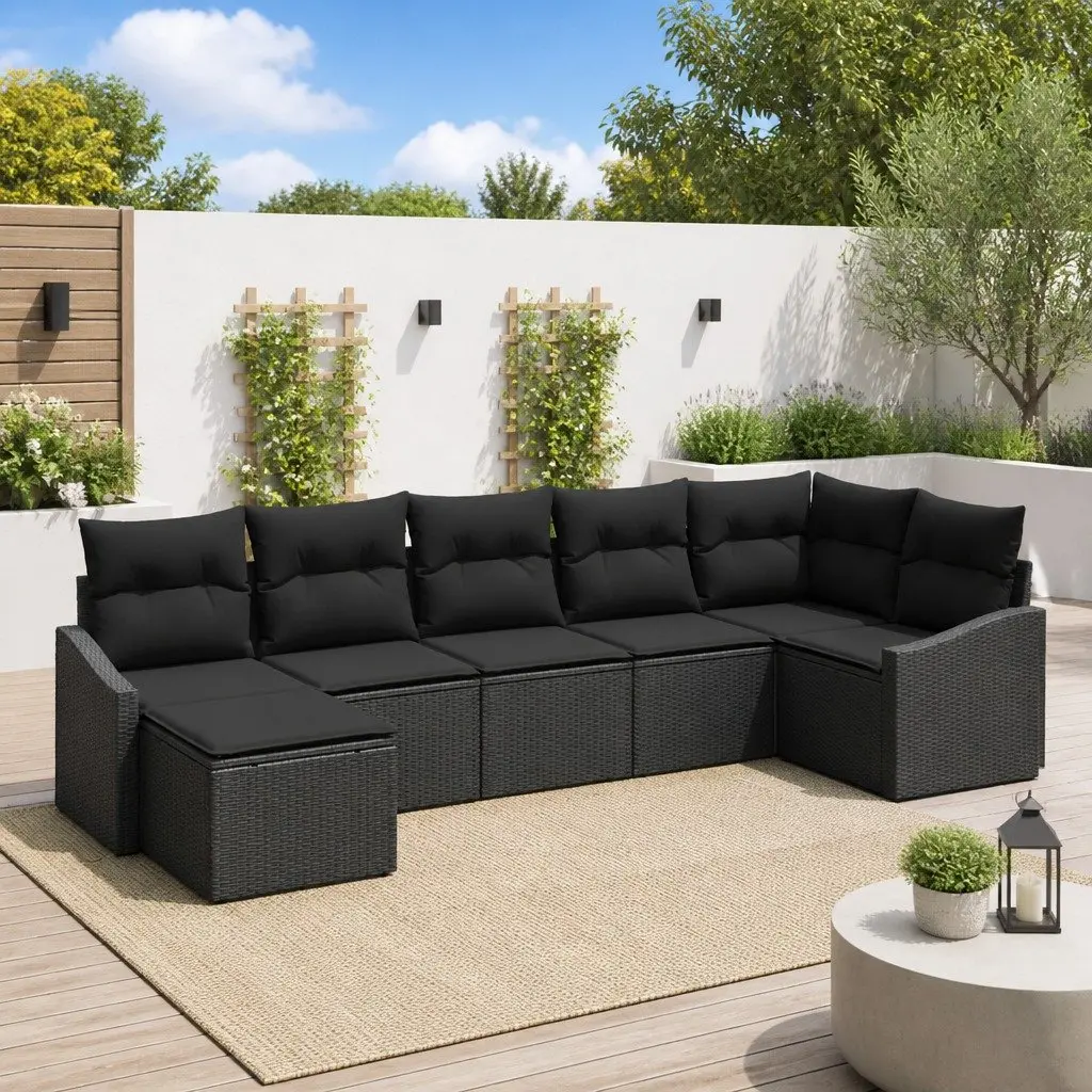 7-Piece Black Poly Rattan Sofa Set