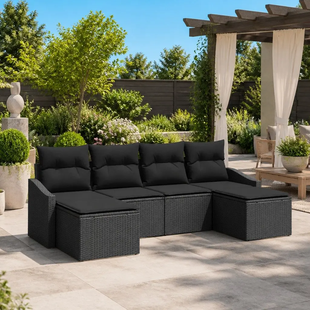 Outdoor Sofa Set Garden Furniture 6 Pieces Black Poly Rattan with Cushions