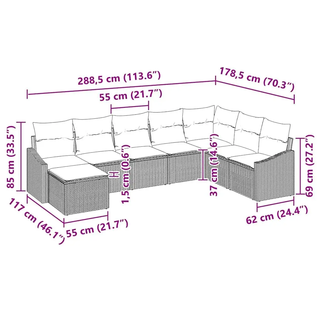 Grey Outdoor Sofa Set 8 Pieces Modular Garden Furniture with Cushions Storage
