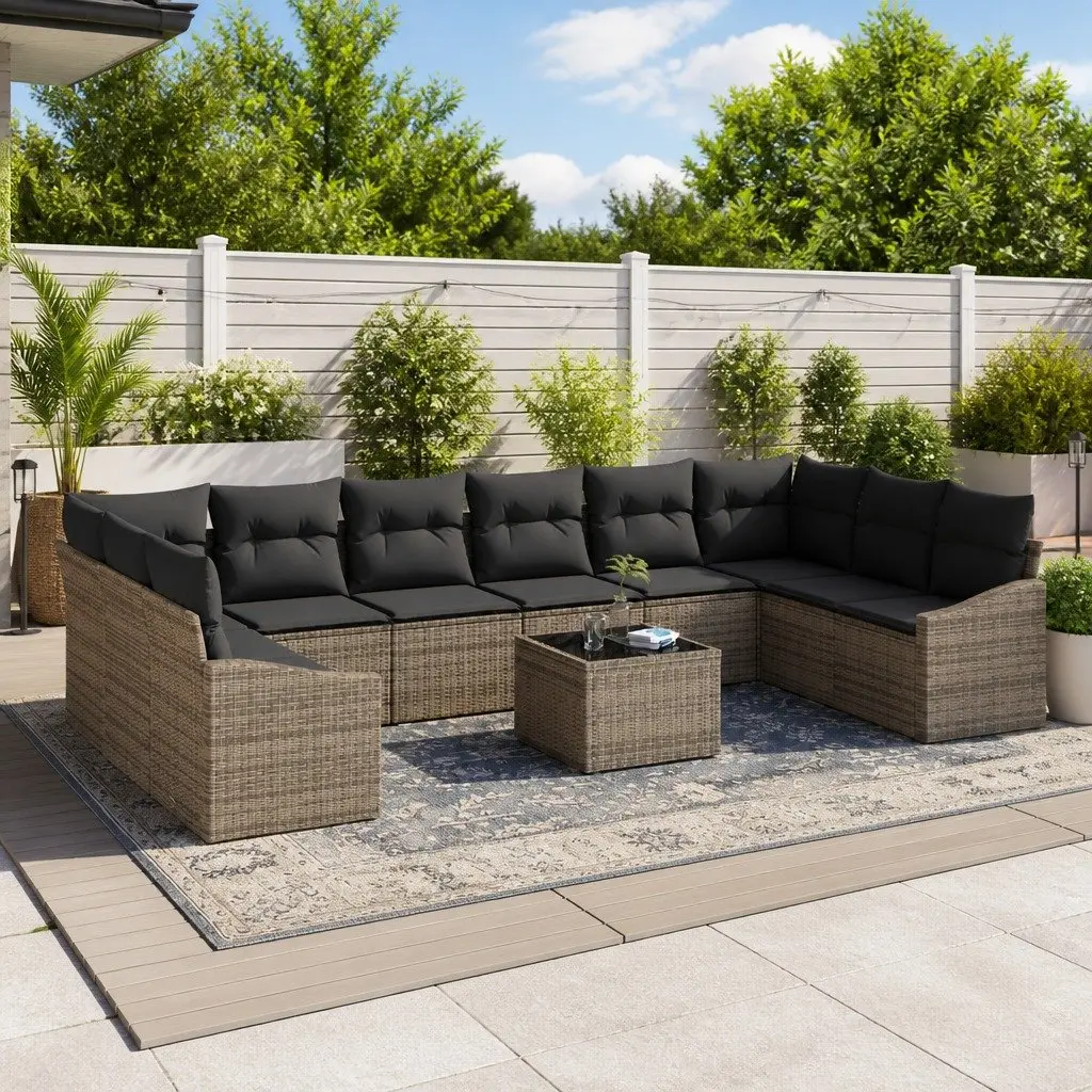 Modular Garden Sofa Set 11 Pieces Grey Poly Rattan Outdoor Furniture Patio