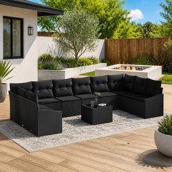 11-Piece Outdoor Sofa Set in Black Poly Rattan