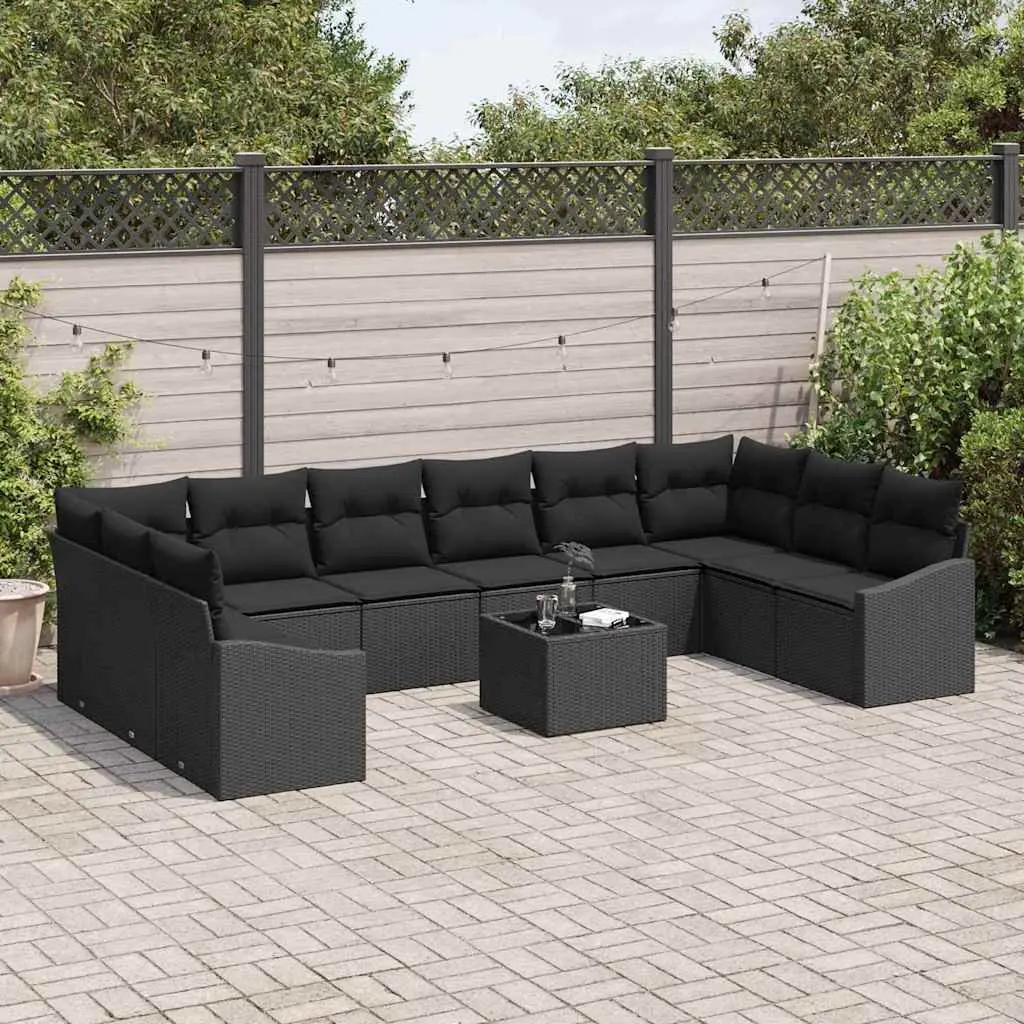 11 Piece Modular Outdoor Sofa Set for Garden Patio Seating Black Poly Rattan with Cushions and Adjustable Table Height