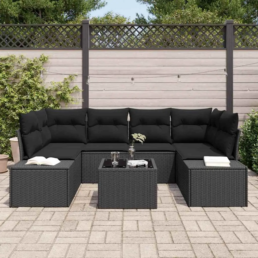 Garden Sofa Set 7 Piece Outdoor Furniture Black Poly Rattan with Cushions Patio