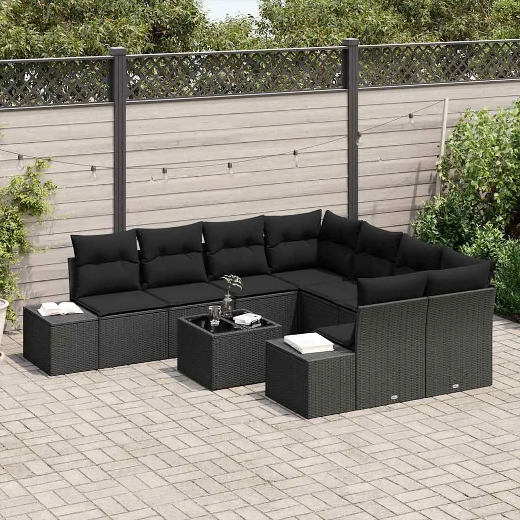 Outdoor Garden Sofa Set 9 Piece Black Poly Rattan Patio Furniture with Cushions