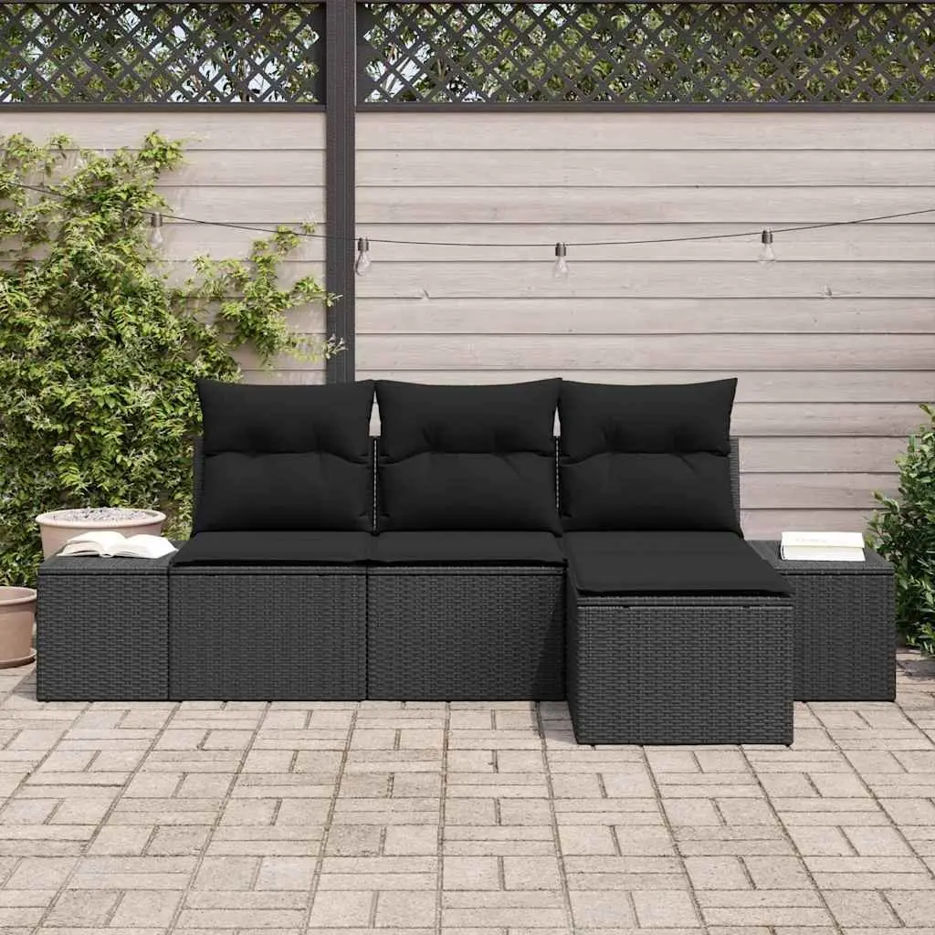 Garden Sofa Set 4 pcs Black Outdoor Furniture Poly Rattan Modular with Cushion