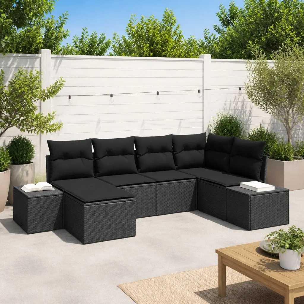 6 Piece Modular Outdoor Sectional Sofa Set Black Poly Rattan for Garden and Patio