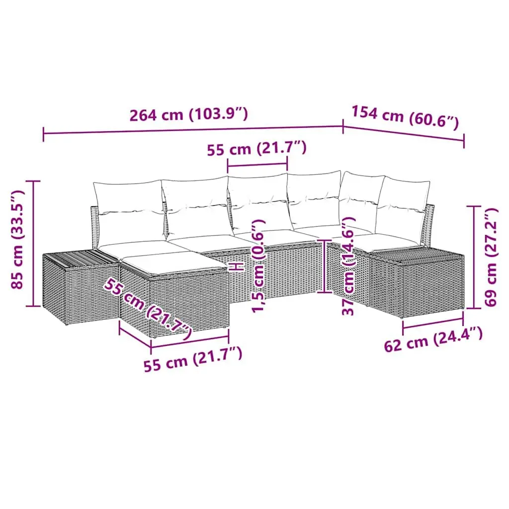 6 Piece Modular Outdoor Sectional Sofa Set Black Poly Rattan for Garden and Patio