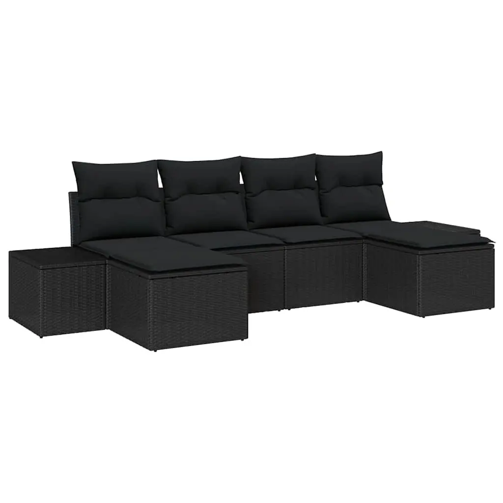 Outdoor Garden Sofa Set 6 Piece Black Poly Rattan Modular Seating with Cushions