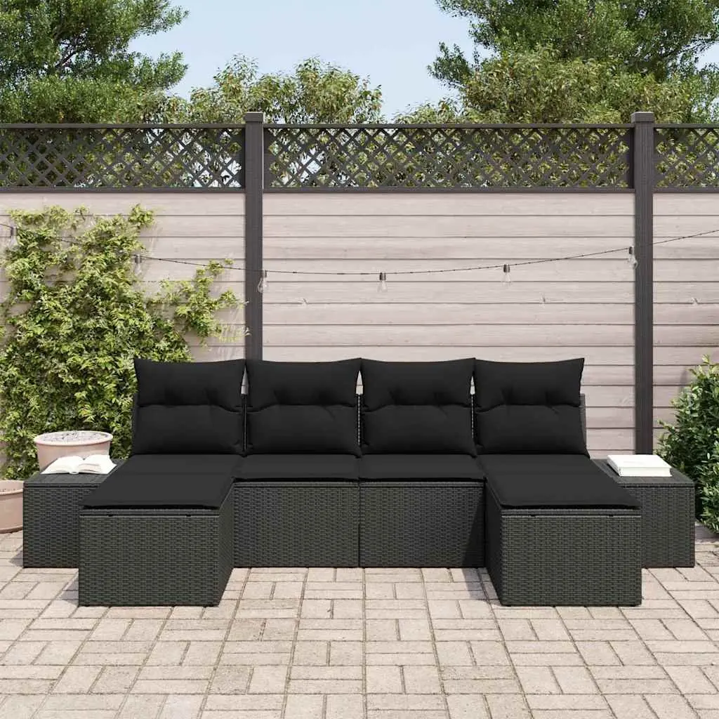 Outdoor Garden Sofa Set 6 Piece Black Poly Rattan Modular Seating with Cushions