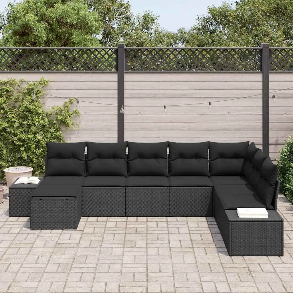 8-Piece Black Poly Rattan Sofa Set with Cushions