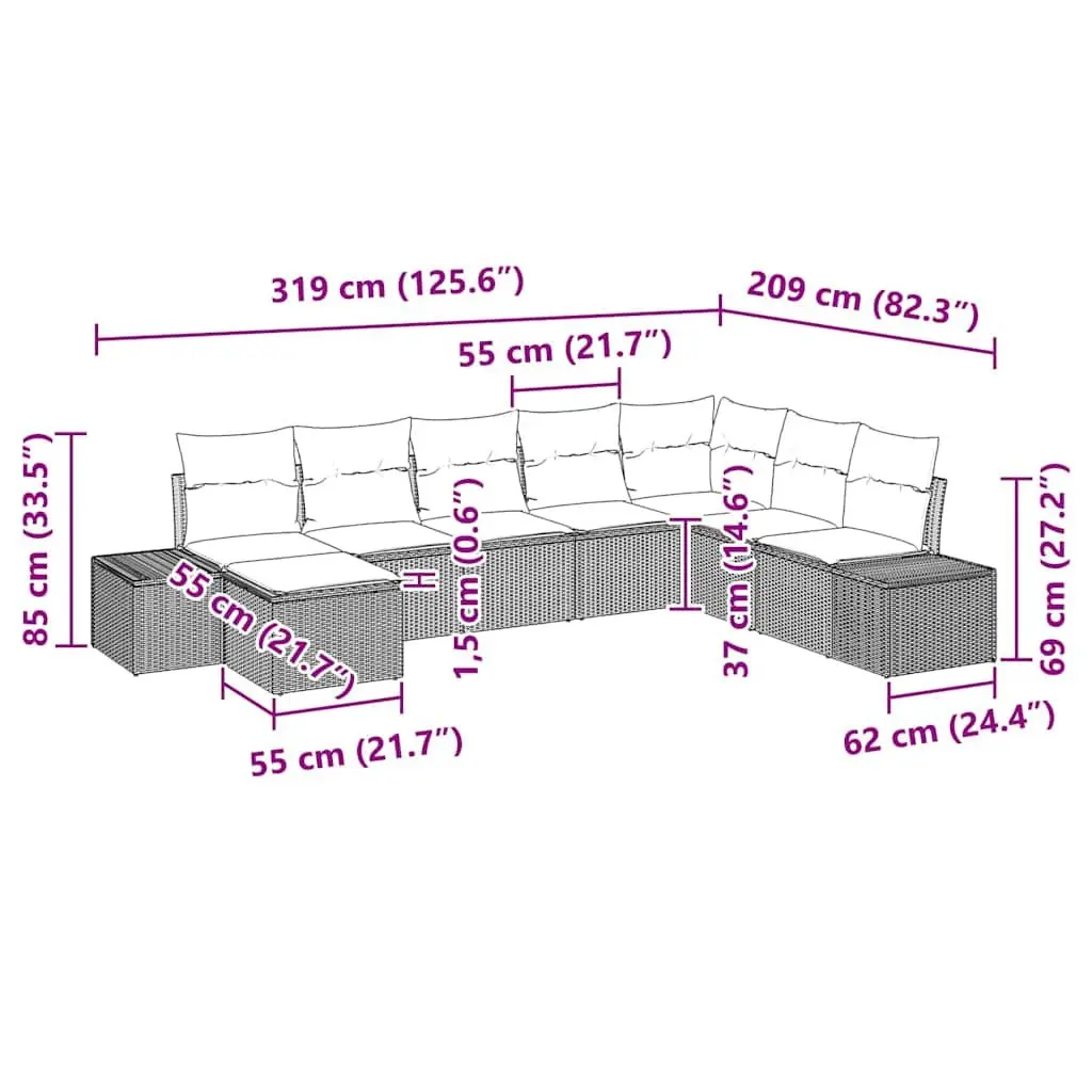 8-Piece Black Poly Rattan Sofa Set with Cushions