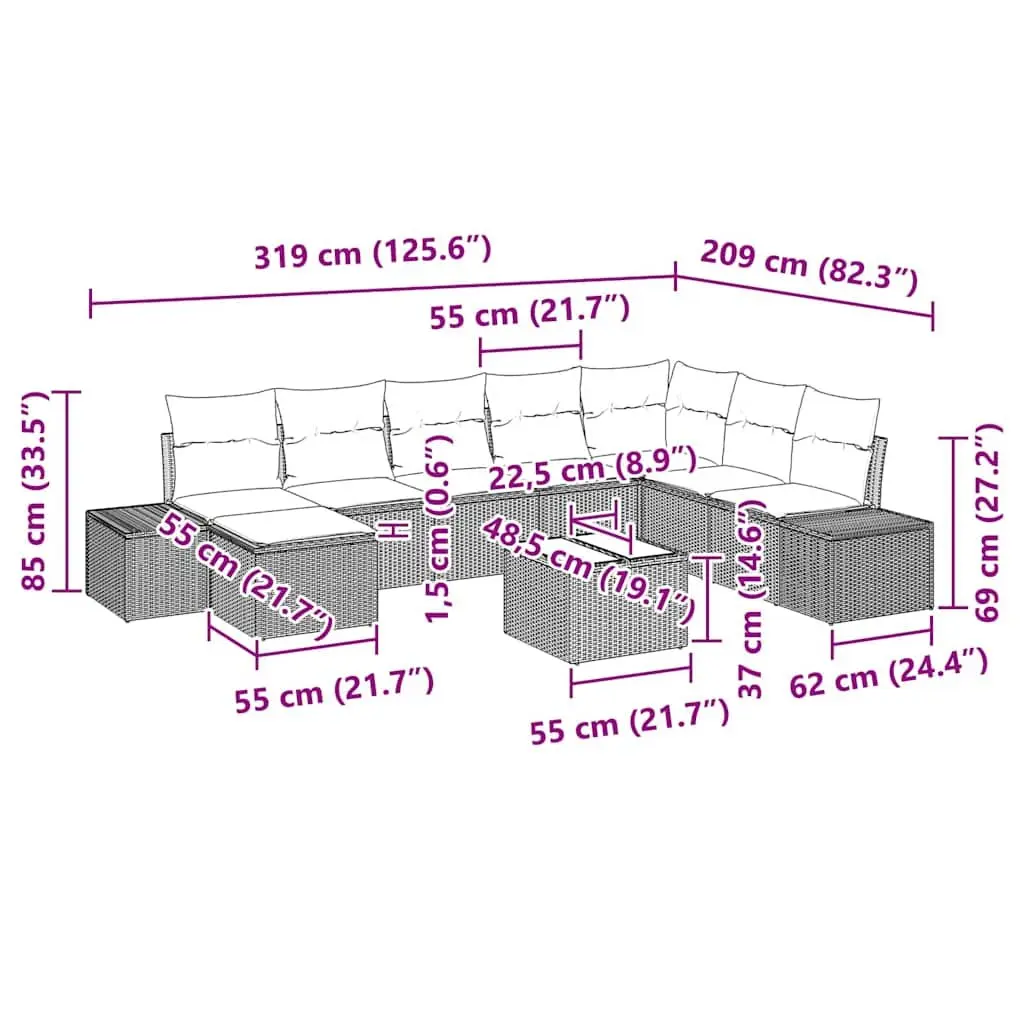 Outdoor Garden Sofa Set 9 Piece Modular Poly Rattan Sectional Black with