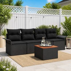 Garden Sofa Set: 5 Pieces, Black Rattan, Acacia Frame