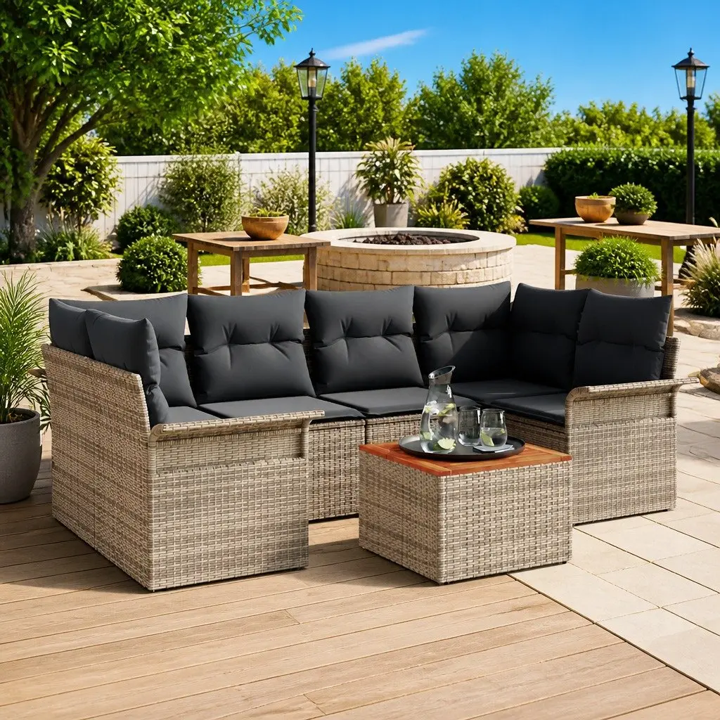 7-Piece Modular Sofa Set in Grey with Solid Acacia Top