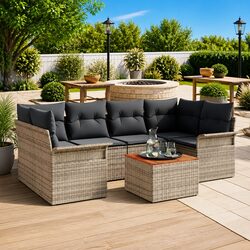 7-Piece Modular Sofa Set in Grey with Solid Acacia Top